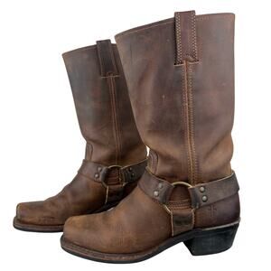 Frye Harness Brown Leather Moto Mid-Calf Block Heel Square Toe Boots (Sz 7.5)